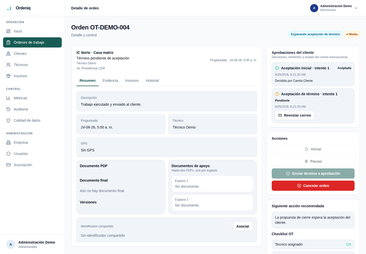 Detalle real de una orden de trabajo en Ordeniq